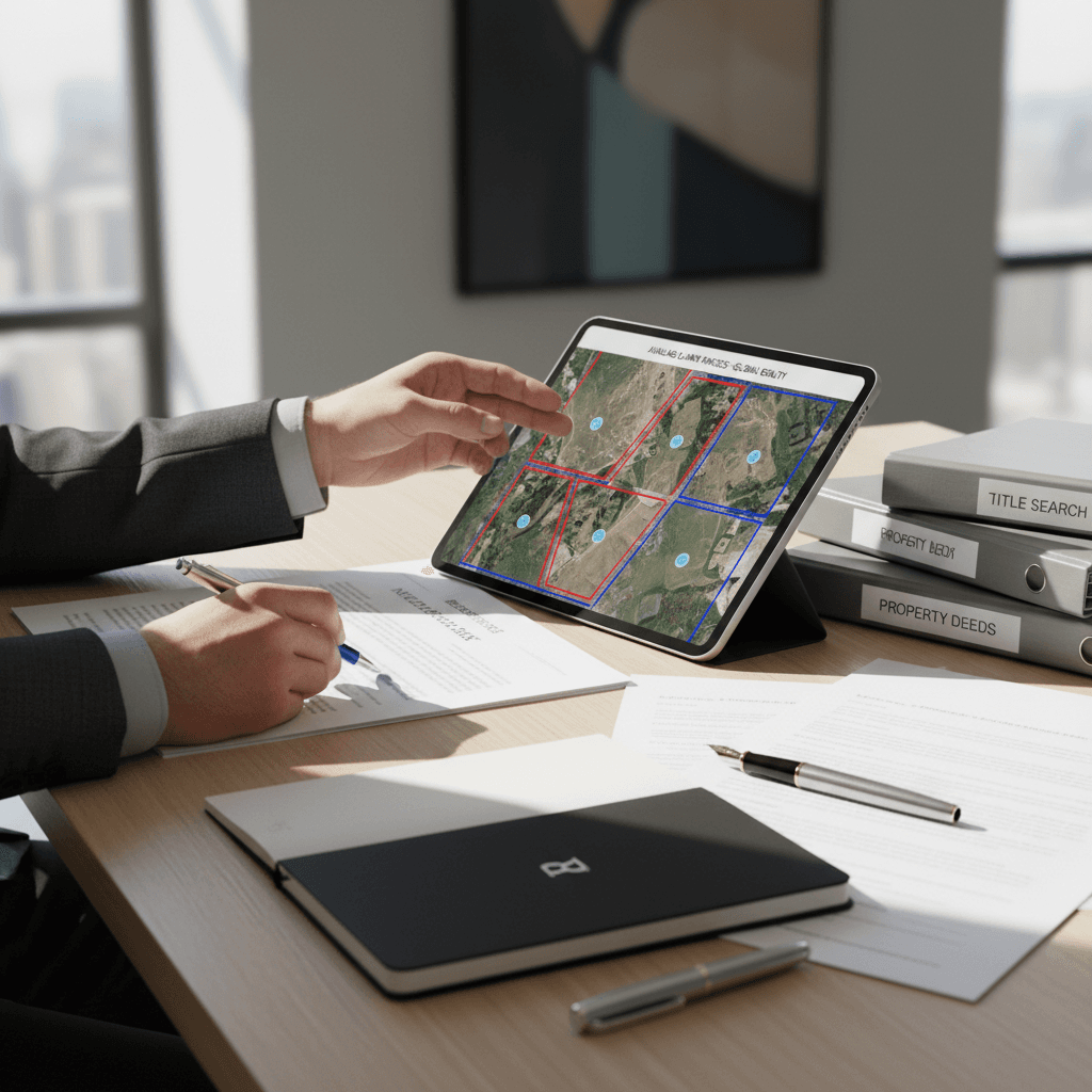 Professional reviewing land property documents and surveys